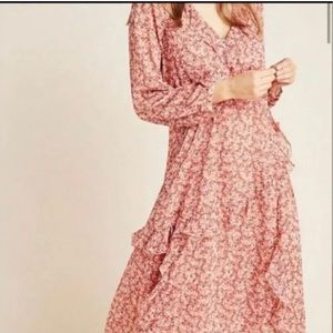 Anthropologie Maeve Pink Floral Ruffle Tiered Tunic Boho Midi Dress - size S